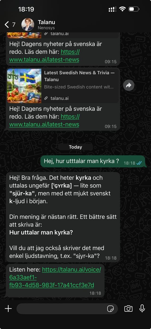 Talanu on WhatsApp — Swedish coaching in your chat